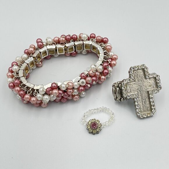 y2k Jewelry 3 pc Lot Teen Kidcore Vintage Bracelet Stretch Ring Glam Pearl Cross - Picture 1 of 3